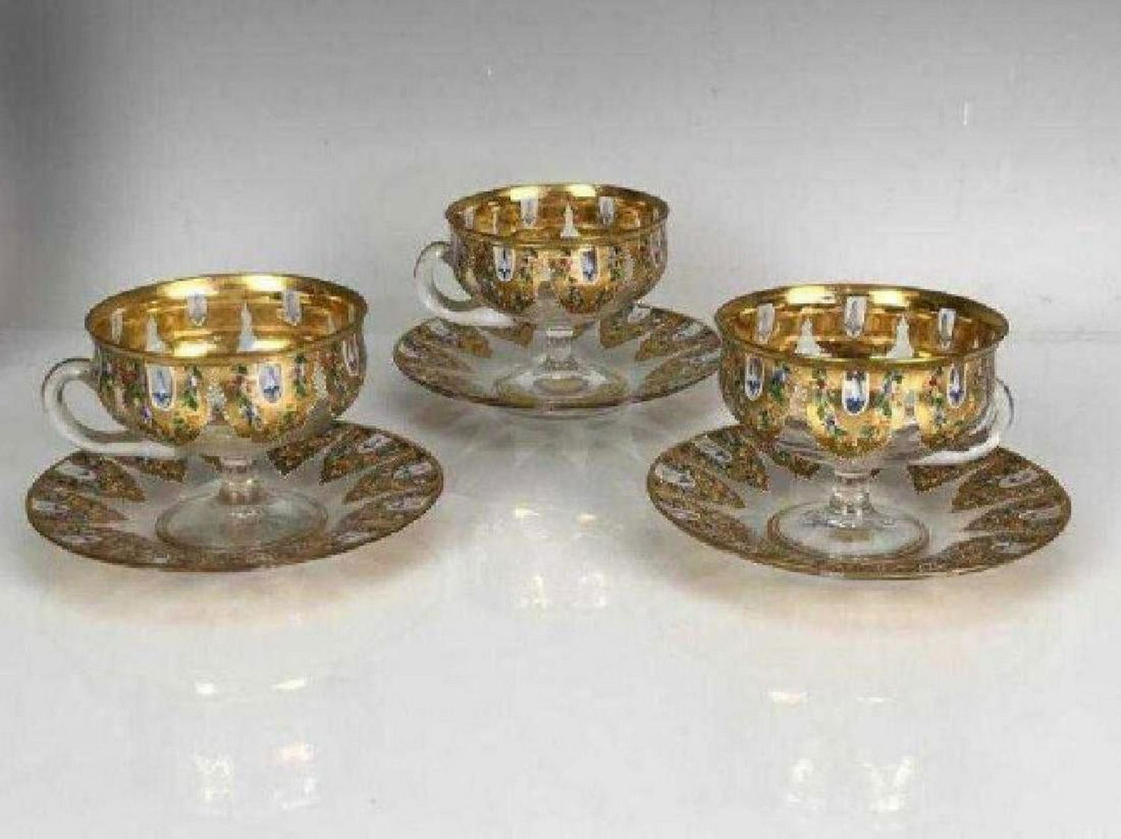 SET OF 3 MOSER ENAMELED CUP AND SAUCERS (1 of 2)