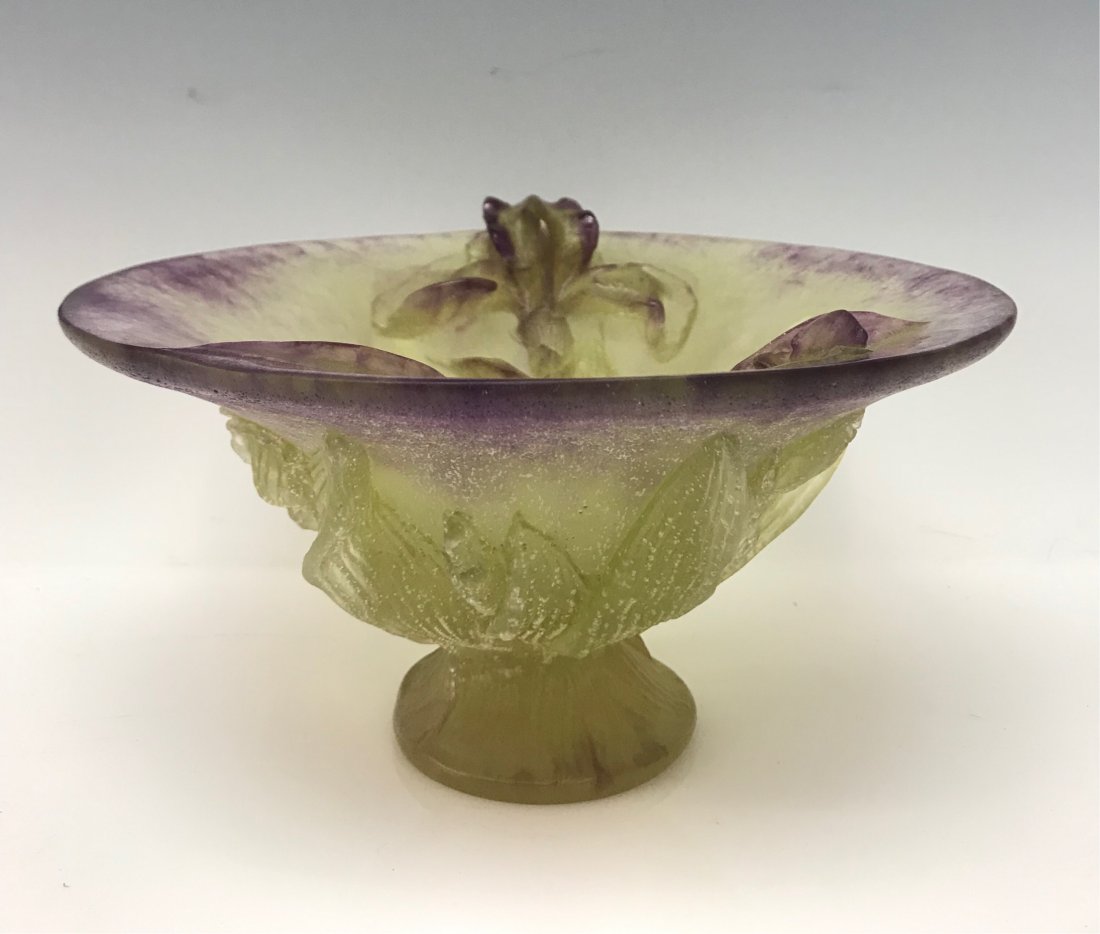 DAUM PATE DE VERRE IRIS BOWL: Signed Daum France. Measures 8.8 inches diameter , 4.5 inches high. Good condition. Estimate $1.200-1.400