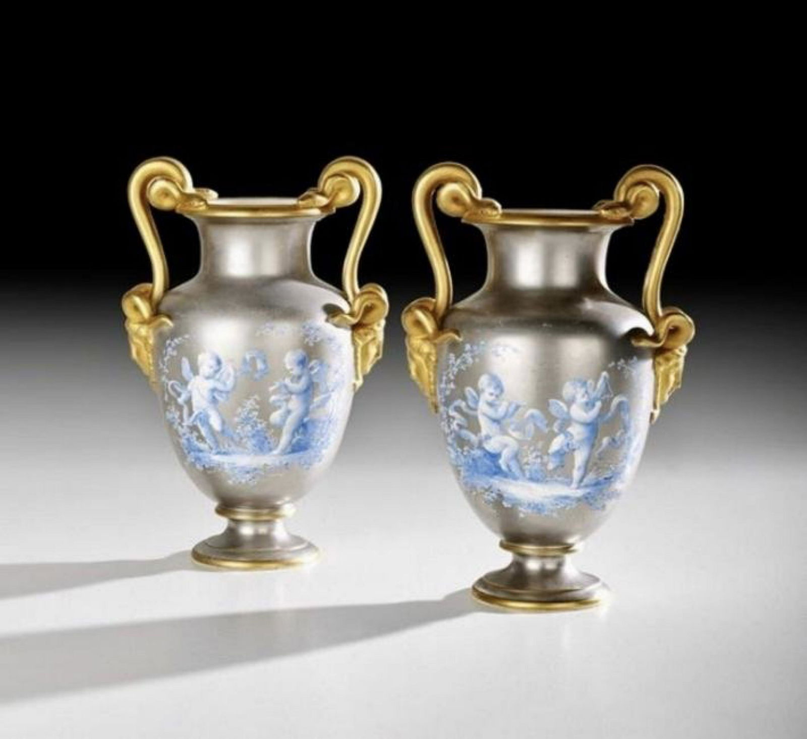 A PAIR OF 19TH C. PLATINUM GROUND PORCELAIN VASES (1 of 3)