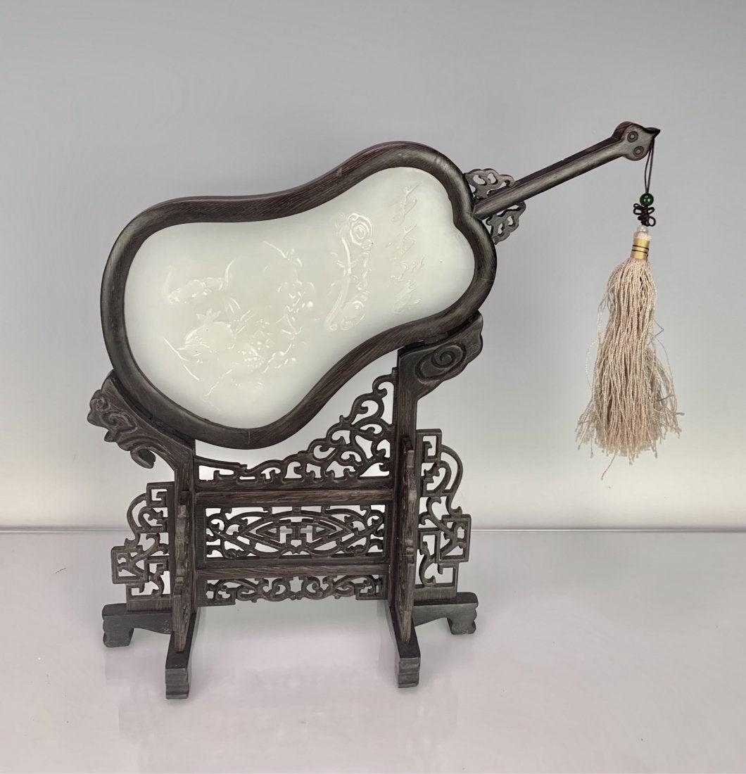 CHINESE CARVED WOOD AND WHITE JADE TABLE SCREEN (1 of 4)