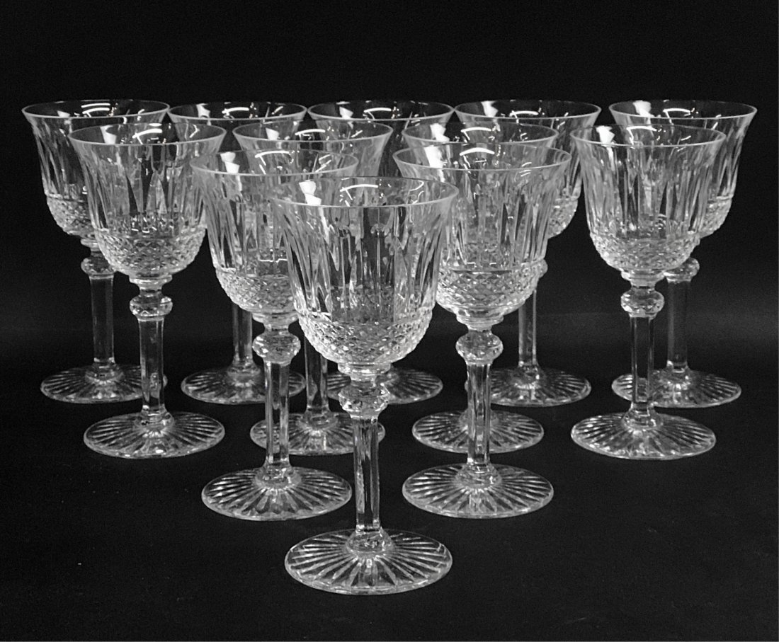 11 LARGE SAINT LOUIS CUT CRYSTAL TOMMY WINE GLASSES: Measure 8 inches high. All in perfect condition. Estimate $800-1.000