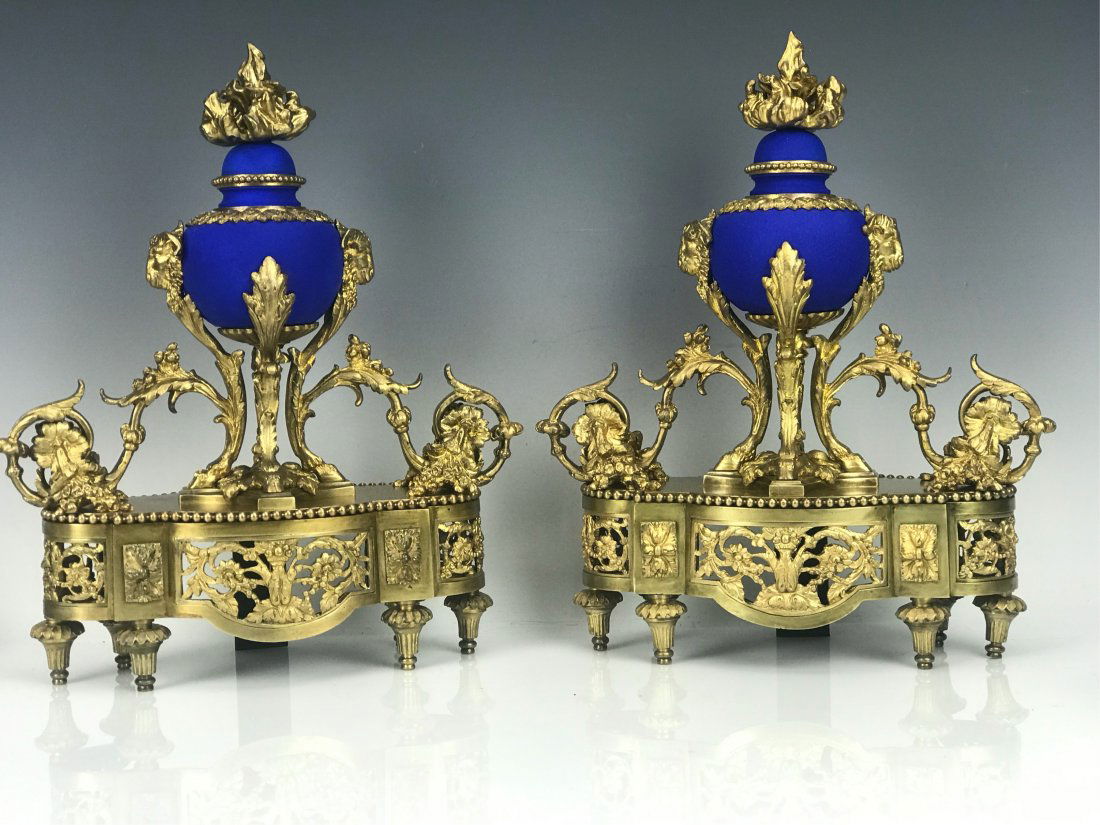 A PAIR OF 19TH C. DORE BRONZE AND ENAMELED ANDIRONS (1 of 4)