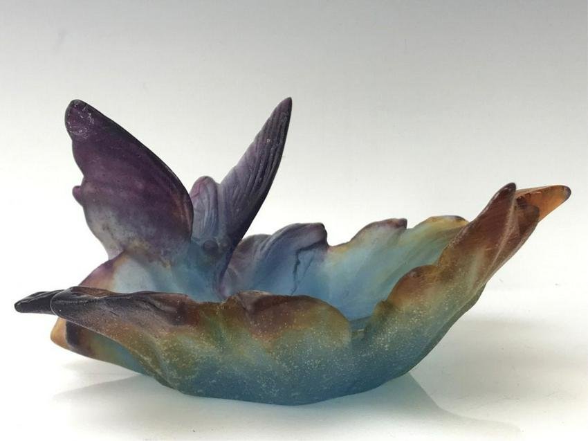 A LARGE DAUM PATE DE VERRE DISH WETH A BUTTERFLY: Measures 8 inches. Good condition. Estimate $600-800