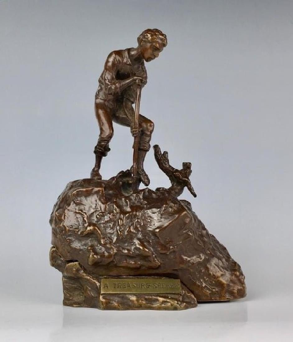 EROTIC VIENNA BRONZE SIGNED KAUBA: Circa 1920 Austria Vienna, Carl Kauba (1865-1922), cast bronze and patinated gilt, signed "C. Kauba". front has engraved plaque "A Treasure Seeker" ,lift off the top and reveal a gilt nude lady, Excel