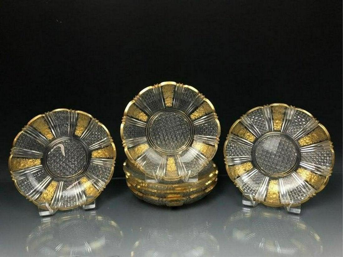SET OF 6 MOSER INTAGLIO CUT GILT DISHES: Circa 1900. Measure 7" D. All in good condition. Estimate $1.200-1.500