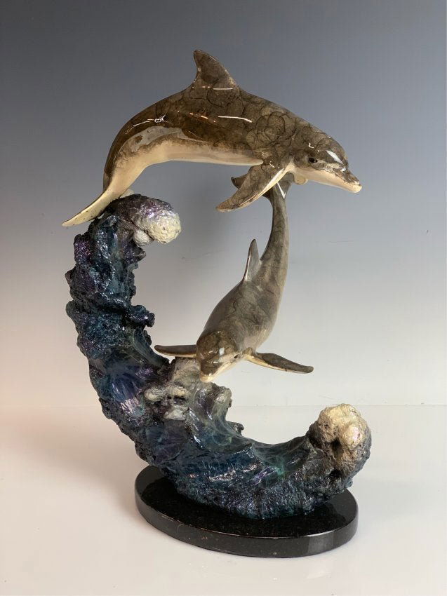 A ROBERT WYLAND BRONZE OF DOLPHINS SURF (1 of 2)