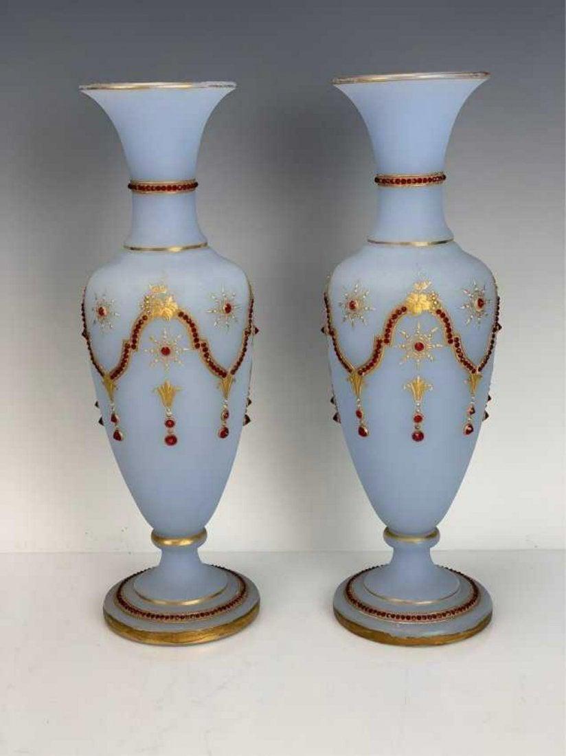 LARGE PAIR OF 19TH C. JEWELED OPALINE VASES (1 of 3)