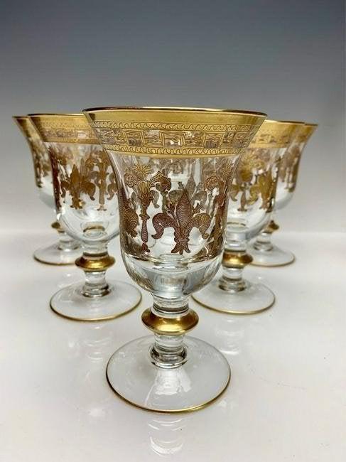 SET OF 6 GILT SAINT LOUIS WINE GLASSES: Circa 1900. Measure 6.5 inches high. No damage detected. Estimate $600-800