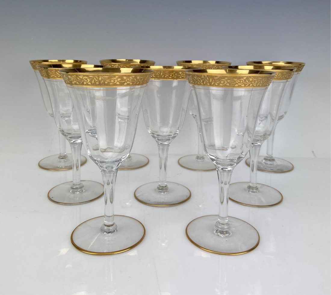 SET OF 9 GILT MOSER WINE GLASSES: Circa 1900. Measures 6.75 inches high. All in good condition. Estimate $400-500