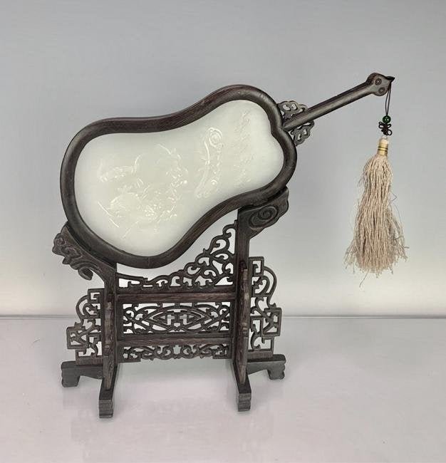 CHINESE CARVED WOOD AND WHITE JADE TABLE SCREEN: Measures 14" L. Good condition. Estimate $400-600