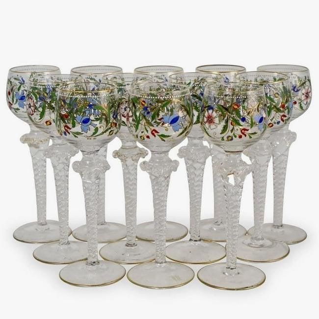 SET OF 10 FRENCH ENAMELLED WINE GLASSES SIGNED HK 87: Circa 1887. Measure 8 inches high. 9 in good condition, 2 were broken.Estimate $600-800