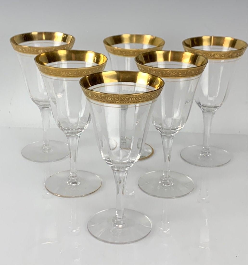 SET OF 6 GILT MOSER WINE GLASSES: Circa 1900. Measure 6.5 inches high. No damage detected. Estimate $300-400