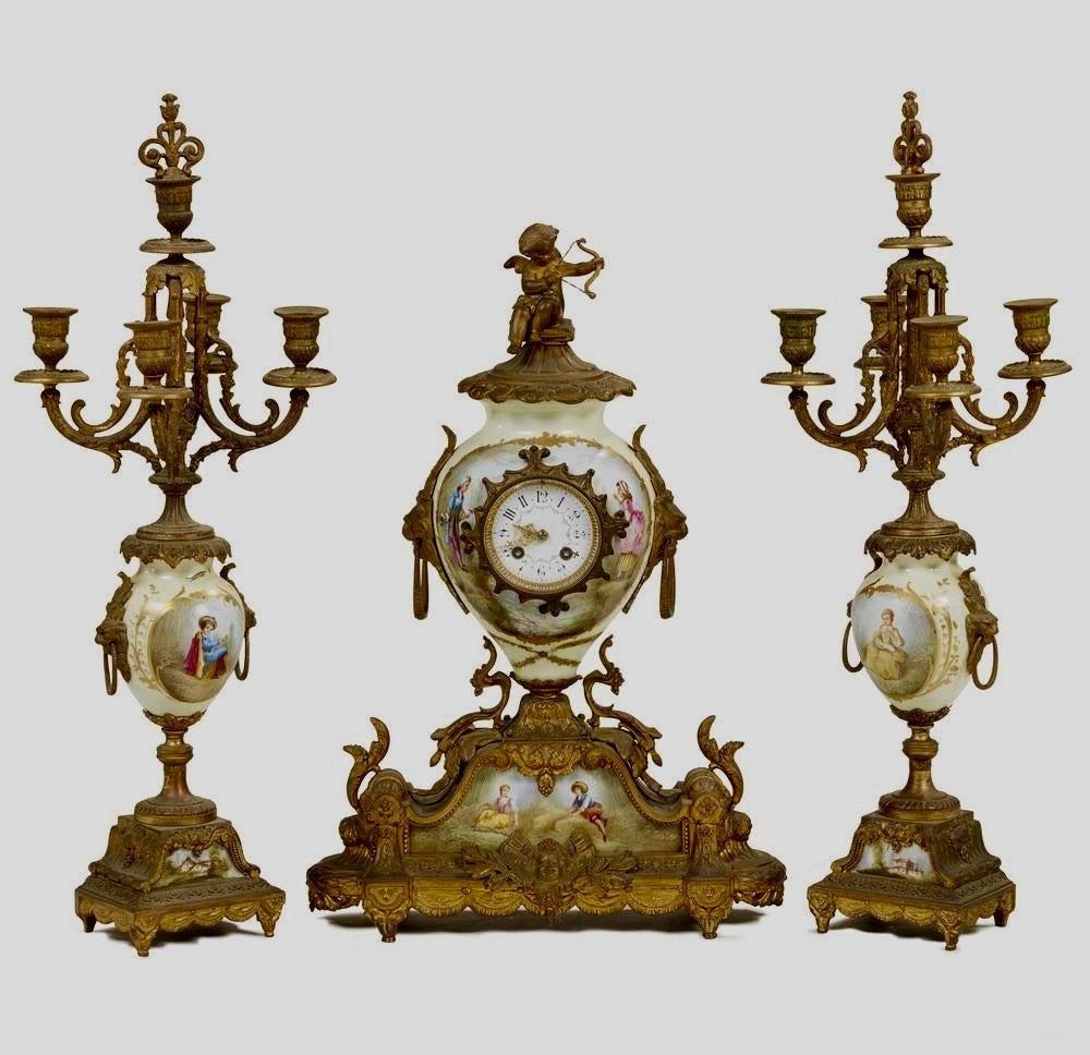 DORE BRONZE AND SEVRE CLOCK SET CIRCA 1900 (1 of 1)
