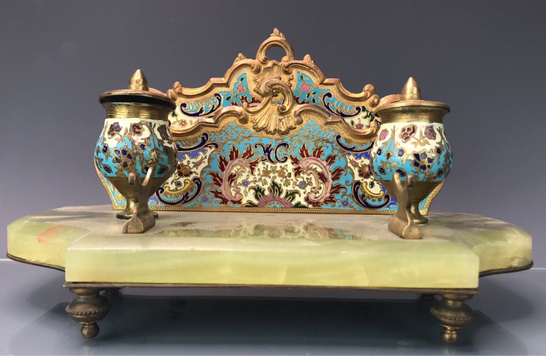 19TH C. FRENCH CHAMPLEVE ENAMEL INKWELL (1 of 2)