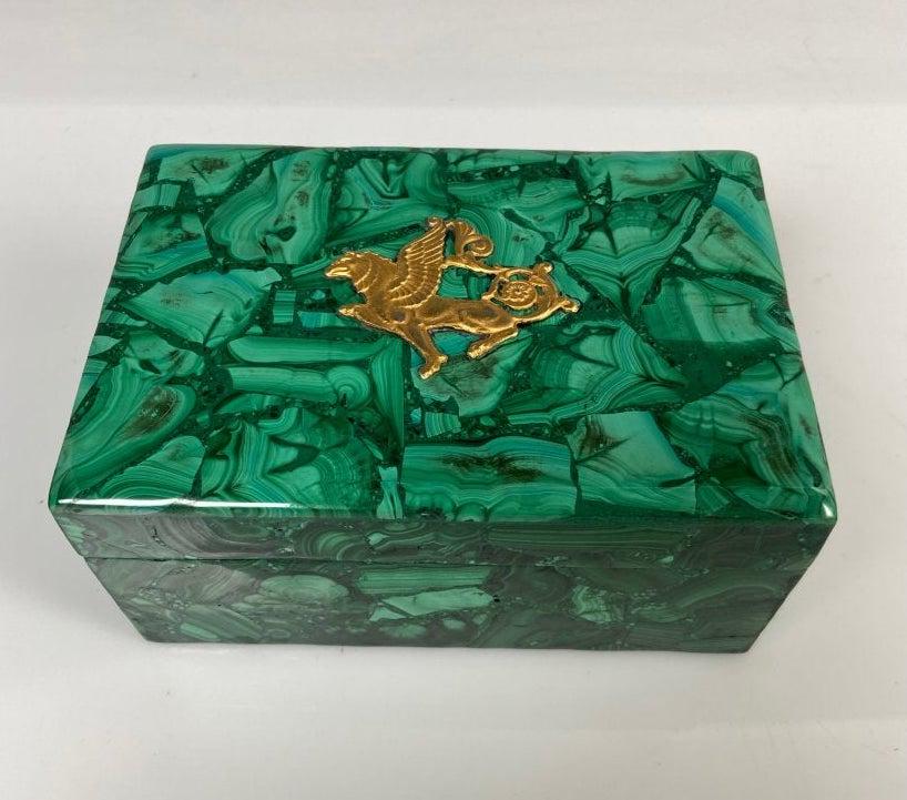 A ORMOLU MOUNTED MALACHITE JEWELRY BOX.: Measures 6x4x2.5 inches high. Good condition. Estimate $500-600