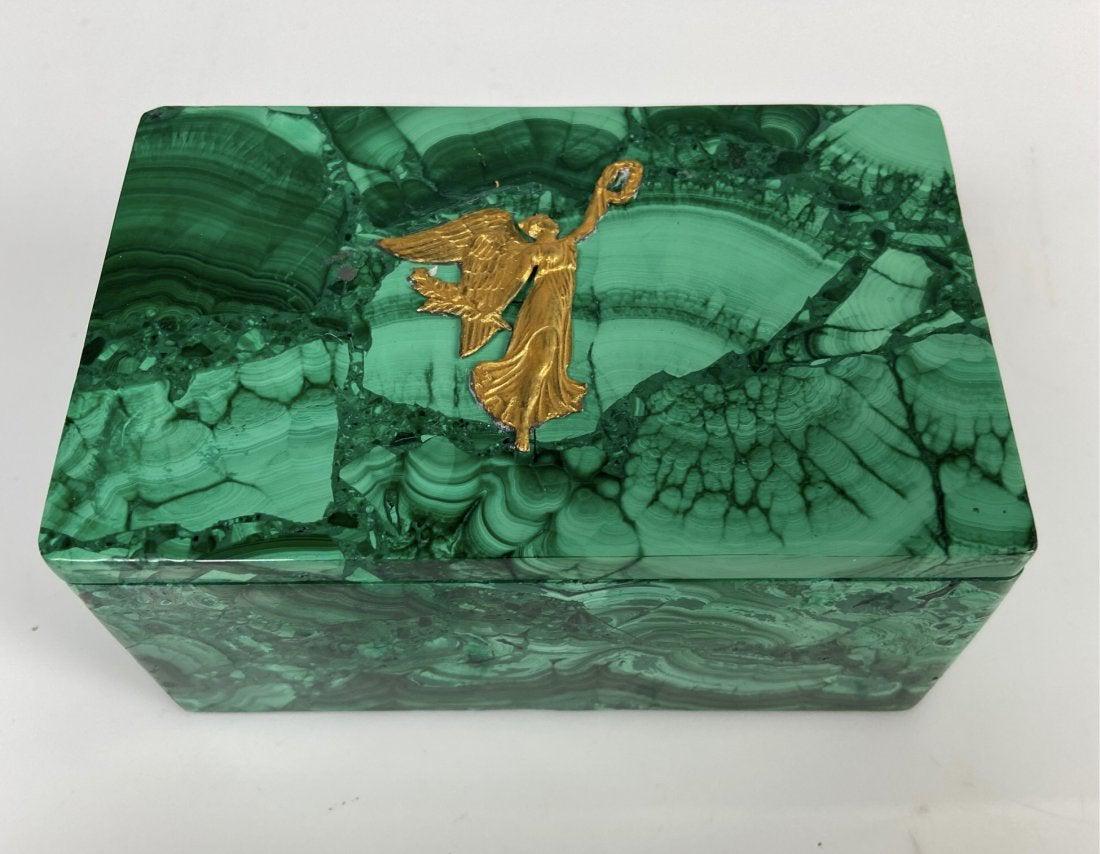 AN ORMOLU MOU TED MALACHITE JEWELRY BOX: Measures 4.75 x 3 inches. Good condition. Estimate $350-400