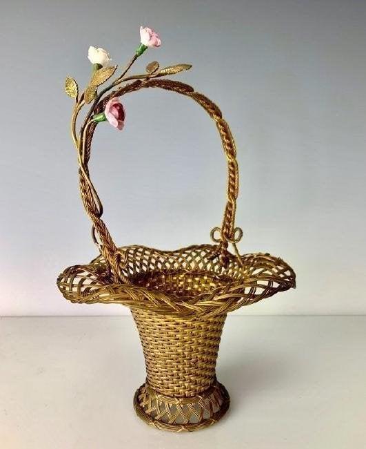 FRENCH WOVEN ORMOLU BASKET WITH PORCELAIN FLOWERS (1 of 2)