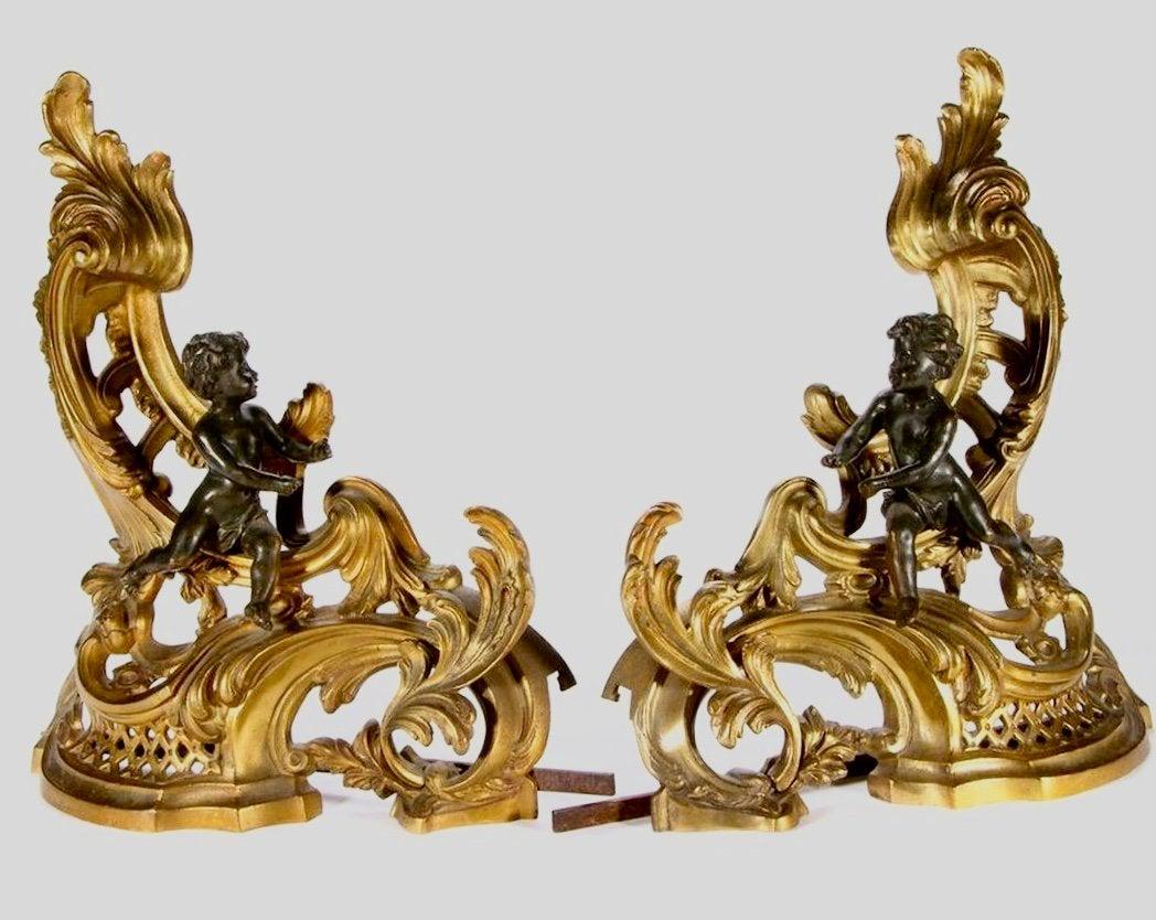 PAIR OF 19TH C. FRENCH BRONZE ANDIRONS: Measure 15 inches high, 15 inches Long. Estimate $1.000-1.200