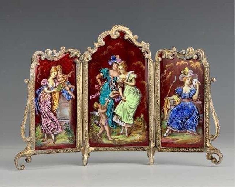 19TH C. VIENNESE ENAMEL SILVER SCREEN: Hallmarked with maker's initials. Measures 7" L. Excellent condition. Estimate $2.500-3.000