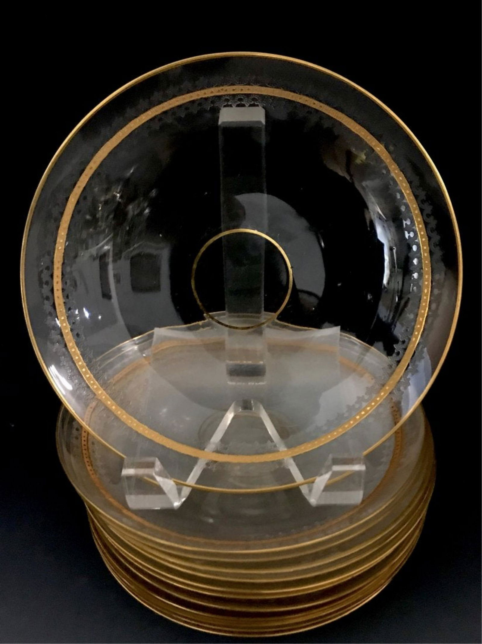 SET OF 12 GILT MOSER DESSERT PLATES: Circa 1900. Measure 6.5 inches diameter. Estimate $400-500