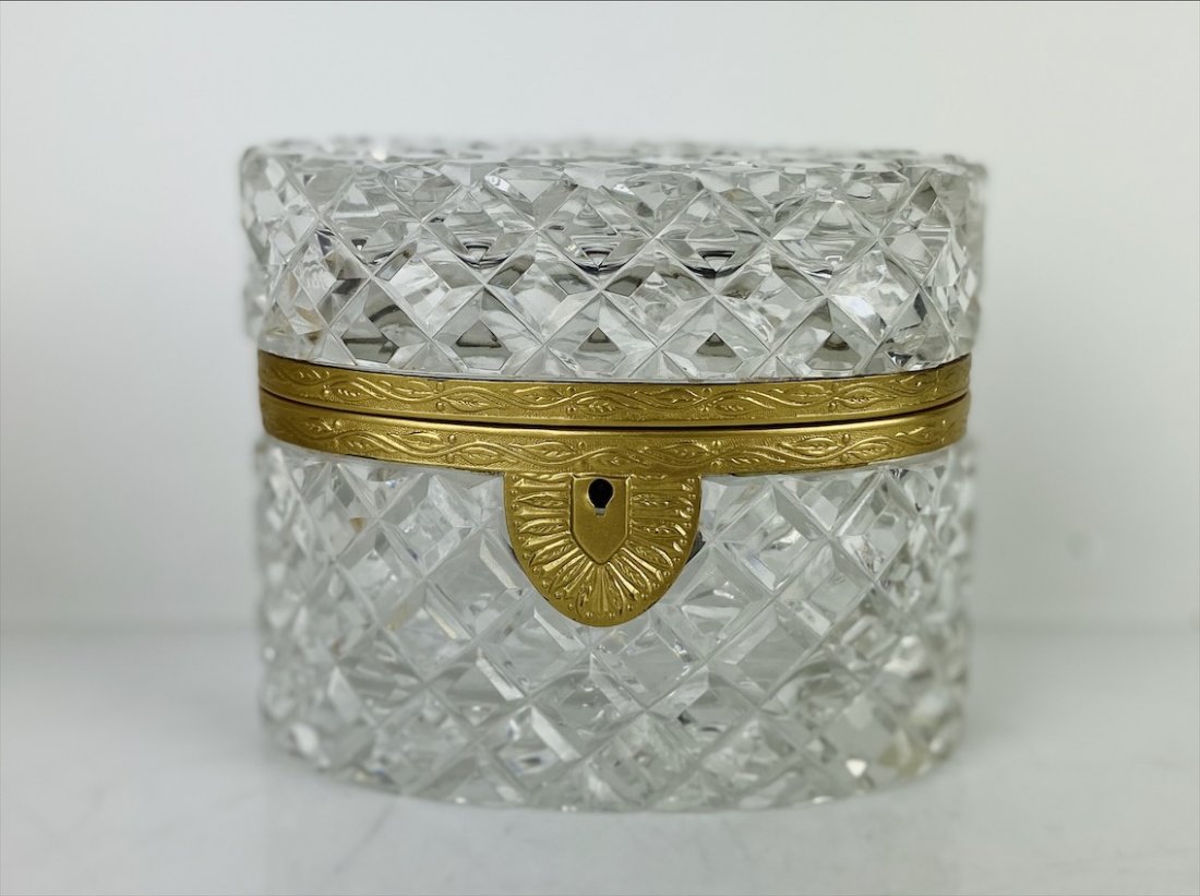 ORMOLU MOUNTED BACCARAT CRYSTAL BOX: Circa 1920 measures 5.5 inches. Good condition. Estimate $500-600