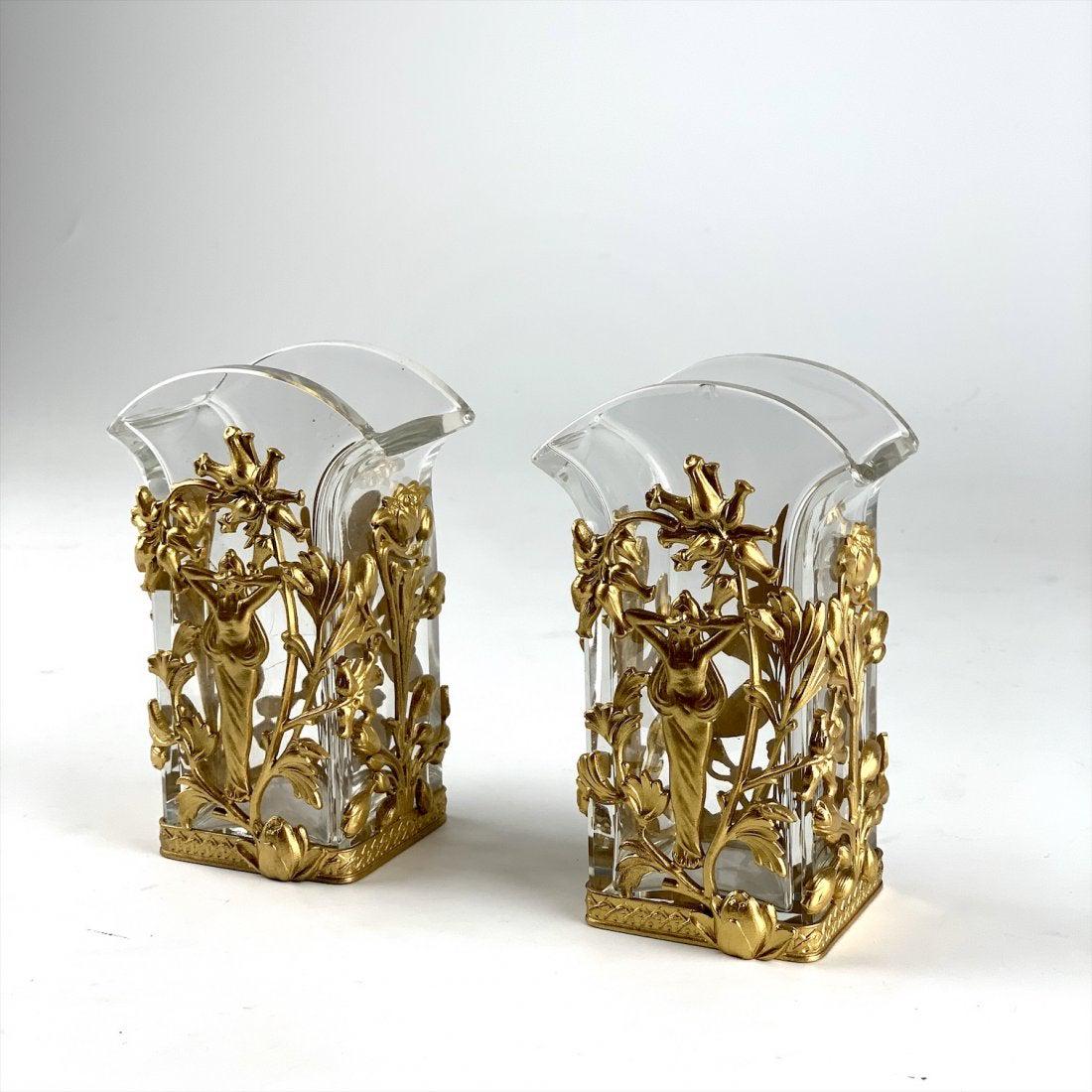 A VERY FINE PAIR OF ORMOLU MOUNTED BACCARAT GLASS VASES: Circa 1900. Measure 4.5 inches high. Good condition. Estimate $500-600