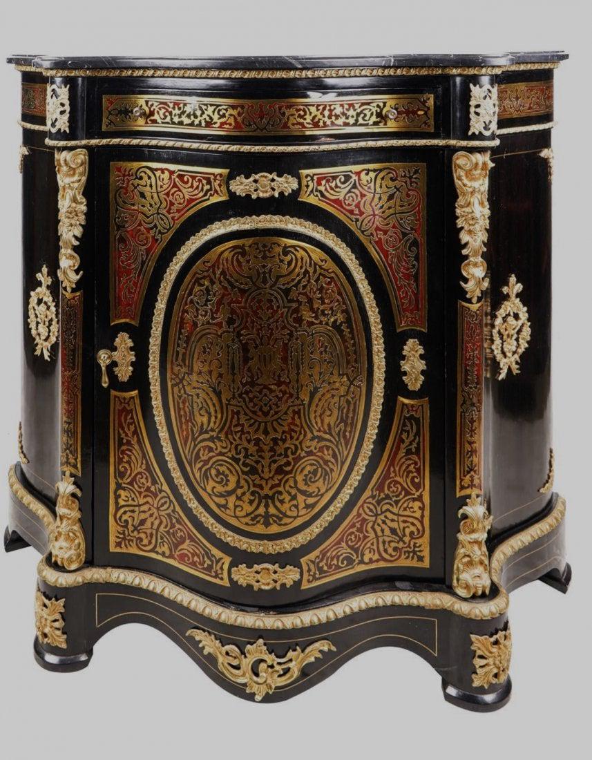 ANTIQUE ORMOLU MOUNTED MARBLE TOP BOULLE CABINET: Circa 1900. Measures 45 inches wide ,18 inches deep, 42 inches high. Estimate $2.000-2.500