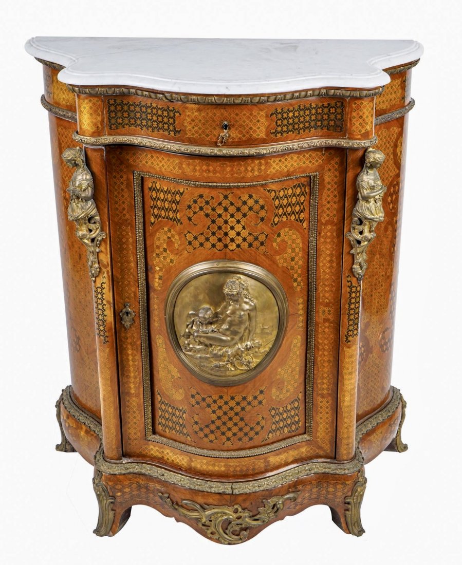 19TH C. FRENCH ORMOLU-MOUNTED MARQUETRY CABINET: with a serpentine white marble top 36 inches wide; 42 inches high. Estimate $3.000-4.000
