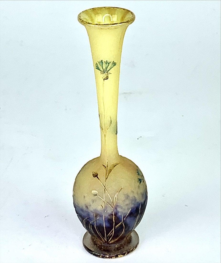 AN ETCHED AND ENAMELED DAUM NANCY GLASS VASE: Circa 1900. Signed. Measures 5.5 inches tall. Overall good condition, minor loss of gold.Estimate $1.500-2.000