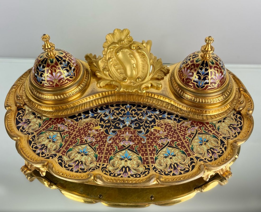19TH C. FRENCH BRONZE & CHAMPLEVE ENAMEL INKWELL: Dimensions : 10.25 inches wide x 7.5 deep x 3.75 inches. good condition. Estimate $500-600