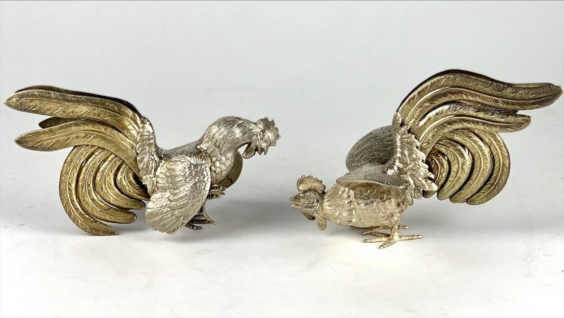 A PAIR OF PERUVIAN STERLING SILVER FIGHTING COCKS (1 of 3)