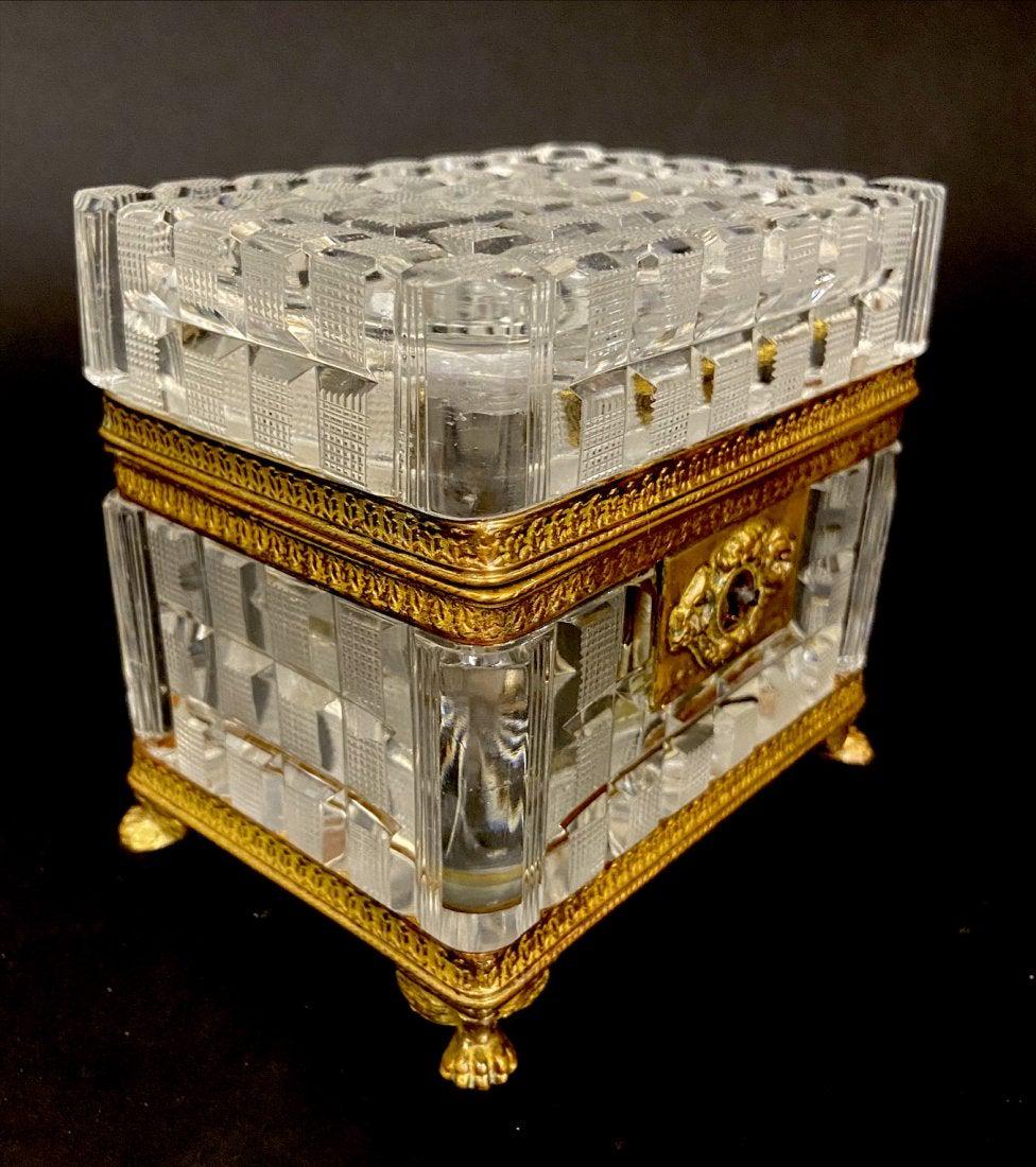 EMPIRE STYLE ORMOLU MOUNTED BACCARAT GLASS BOX: Circa 1880. Measure 4.5 x 4 x4 inches. Good condition. Estimate $600-800