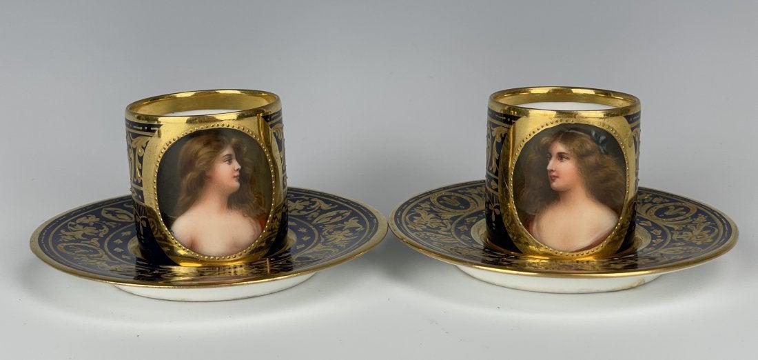 PAIR OF ROYAL VIENNA DEMITASSE CUP & SAUCERS WAGNER: Circa 1900. In excellent condition. Estimate $1.500-2.009