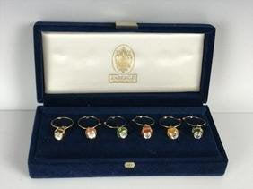 IMPERIAL FABERGE ENAMEL EGG CHARMS FOR WINE GLASSES: In good condition. In original box. Estimate $600-800