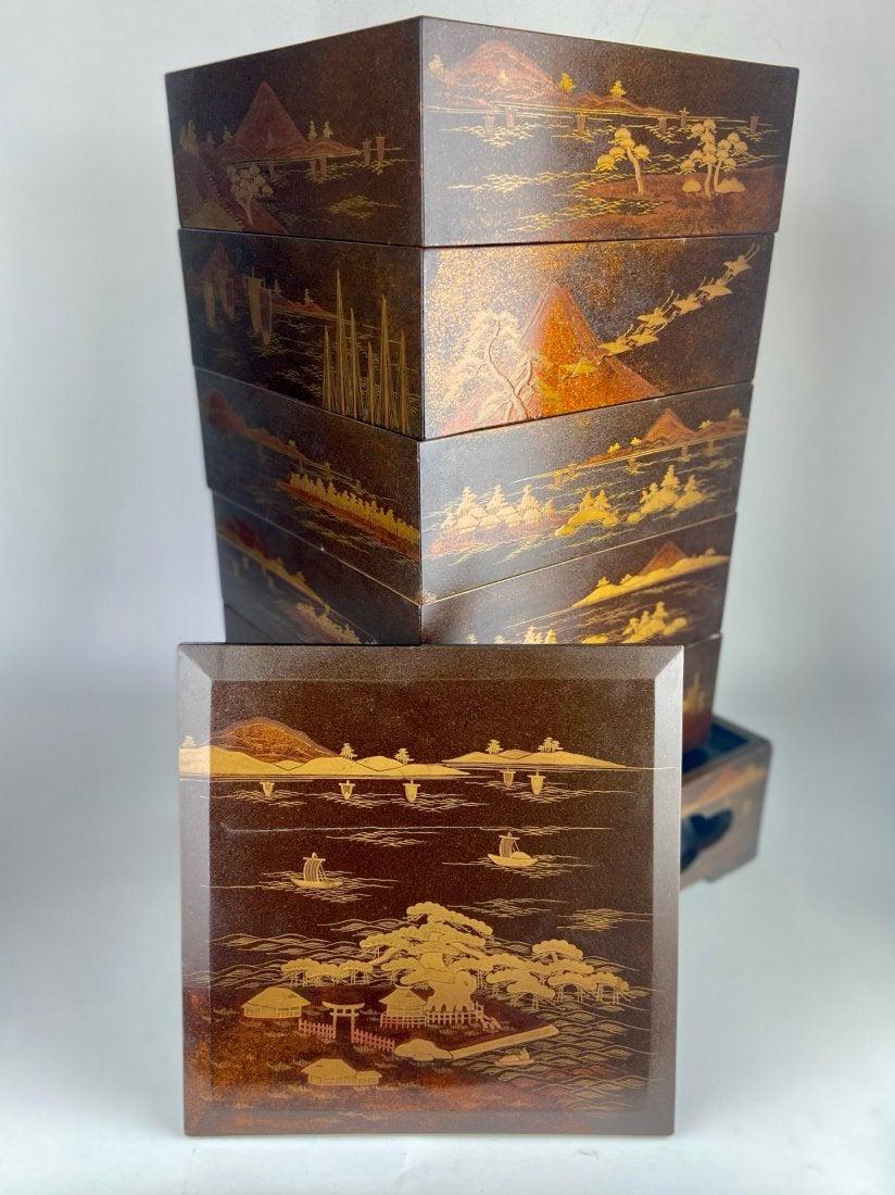 MEIJI PERIOD JAPANESE GOLD LAQUER SECTIONAL BENTO BOX: Circa 1900. In 5 sections. Measures 13 x 13 x 22 inches high. In good antique condition, minor loss and minor scratches inside. Estimate $1.000-1.200