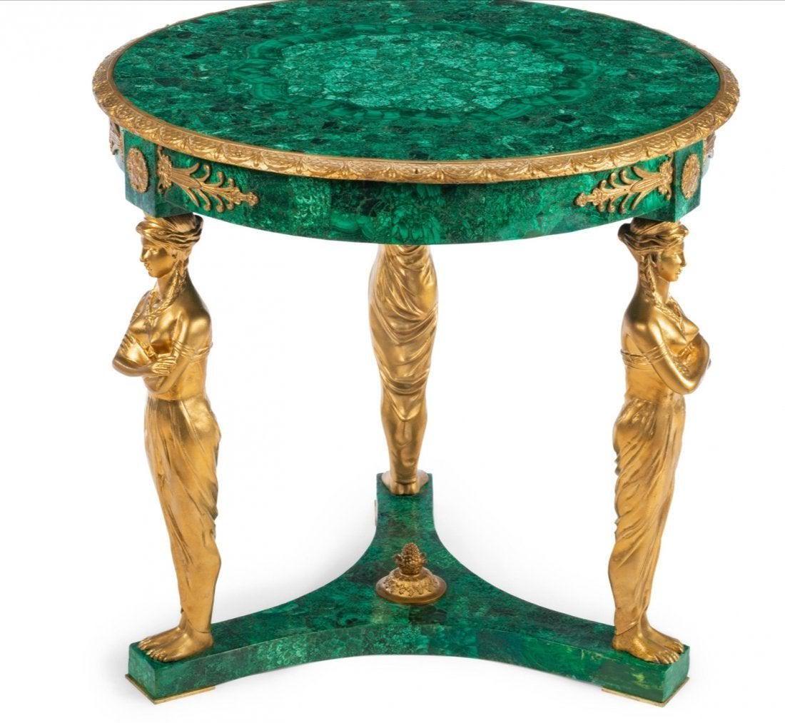 EMPIRE STYLE DORE BRONZE AND MALACHITE TABLE: Measures 31 inches diameter , 30.5 inches high. Estimate $10.000-12.000