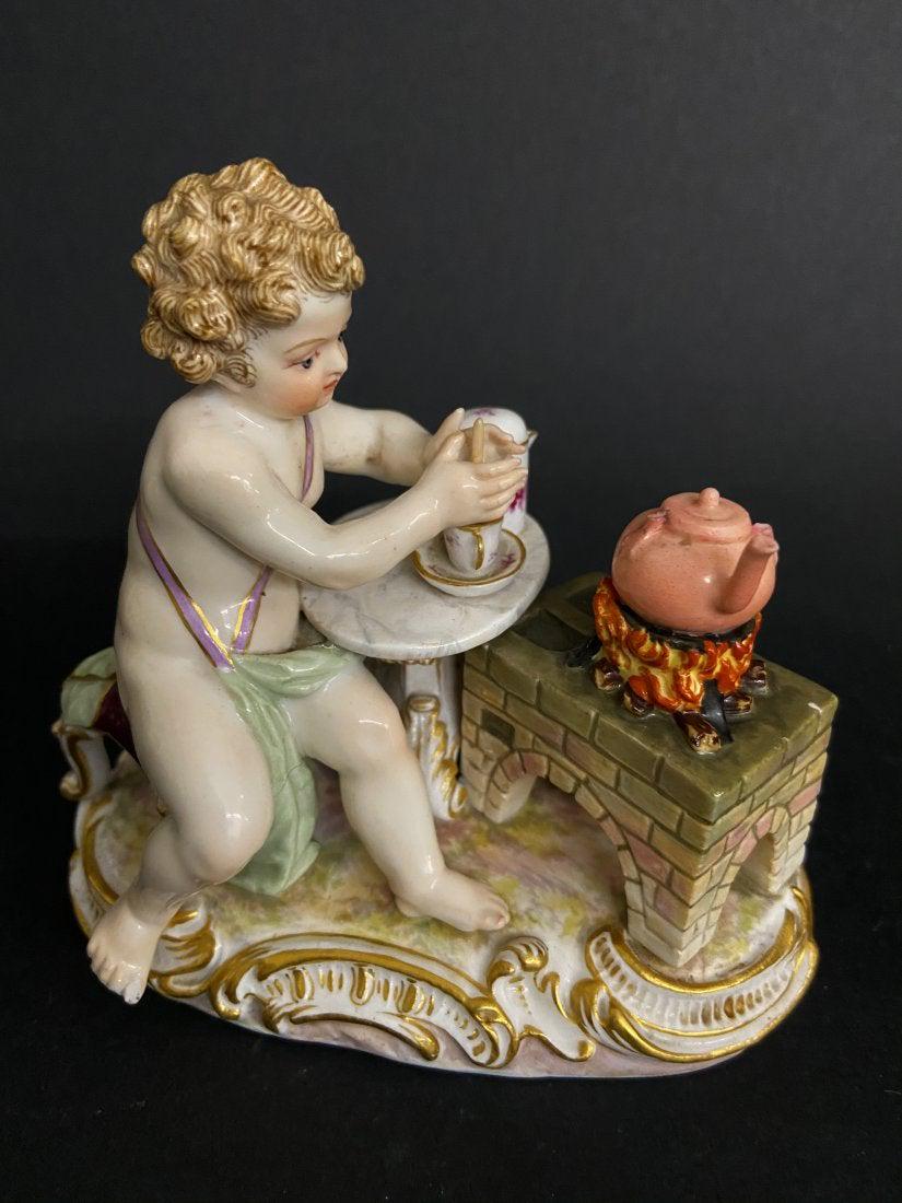 19TH C. MEISSEN FIGURE OF TEA MAKER: Measures 5 inches. First quality cross swords mark. Estimate $600-800