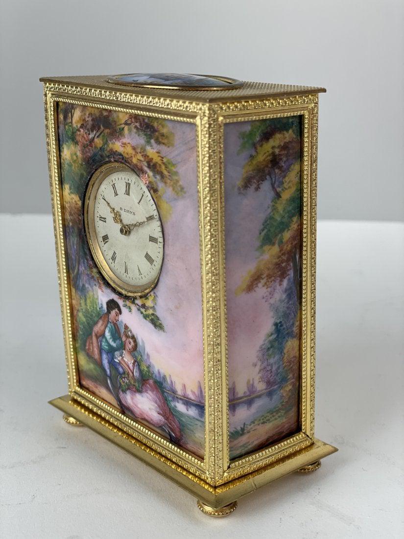 ANTIQUE LIMOGES ENAMEL CLOCK: Circa 1900. Measures 6 inches high. Clock not guaranteed to keep time. Estimate $600-800