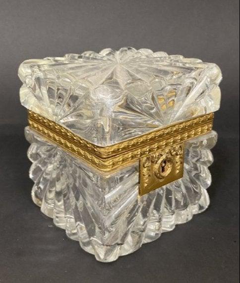 19TH C. ORMOLU MOUNTED BACCARAT CRYSTAL BOX: Measures 4 x 3.5 x 4 inches. Good condition, minor gilt loss. Estimate $600-800