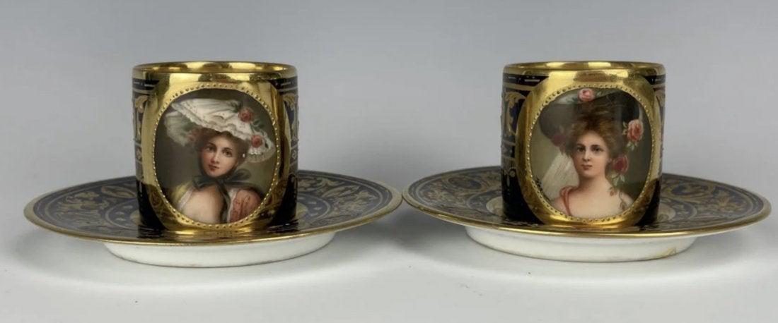 A PAIR OF ROYAL VIENNA DEMI- TASSE CUPS & SAUCERS (1 of 5)
