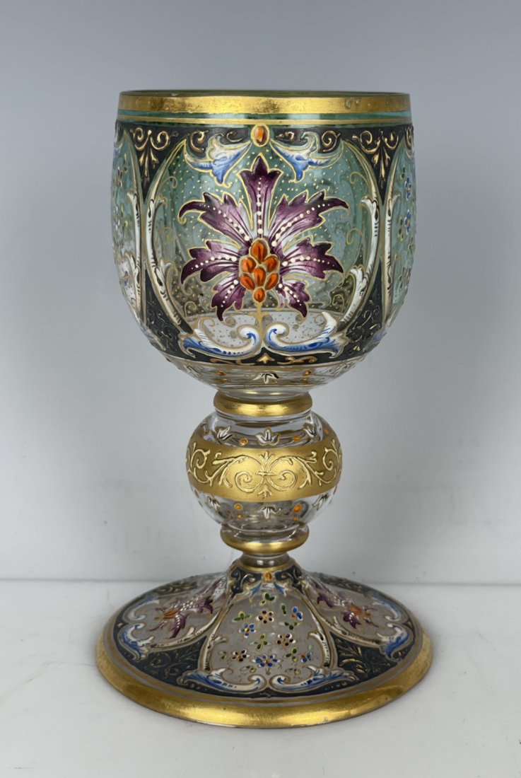 VERY FINE ENAMELLED MOSER GLASS: Circa 1900. Measures 5.75 inches high. In good antique condition. Estimate $500-600