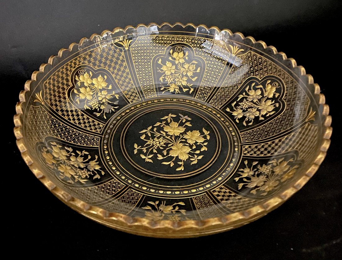A LARGE MOSER INTAGLIO CUT GILT BOWL: Circa 1900. Measures 10.5 inches diameter. In good antique condition. Estimate $300-400