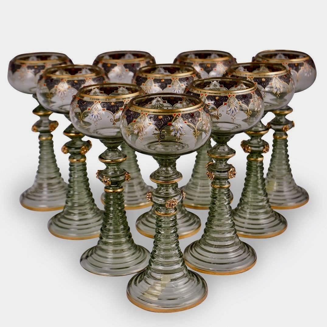 SET OF 10 SIGNED JEWELED MOSER WINE GLASSES: Circa 1900. Measure 8 inches high. All in good condition. Estimate $1.200-1.500