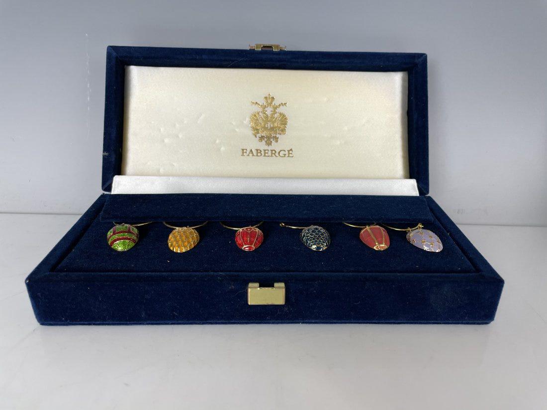 IMPERIAL FABERGE ENAMEL CHARMS: For wine glasses. In original box. Good condition. Estimate $600-800