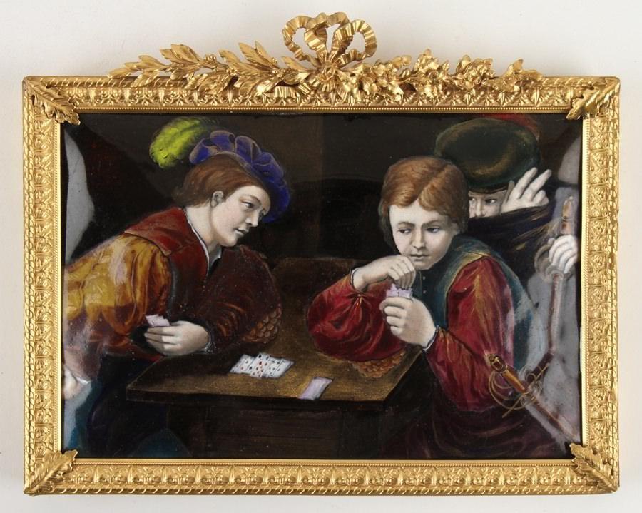 19TH C. FRENCH LIMOGES ENAMEL PLAQUE OF THE CARD PLAYER (1 of 5)