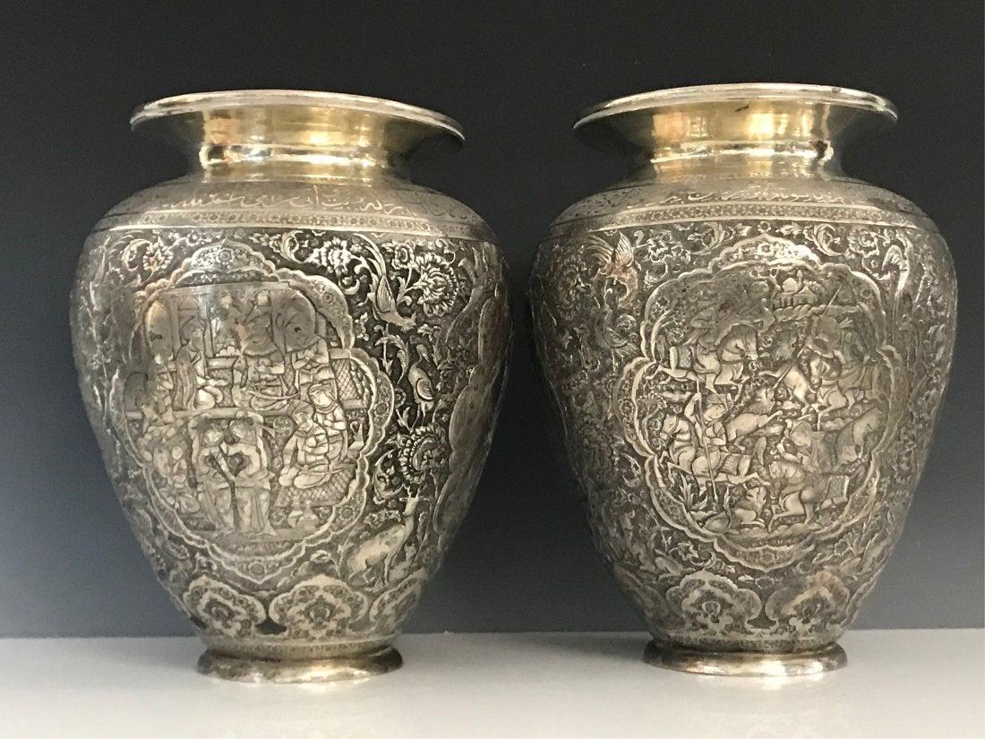 A MAGNIFICENT PAIR OF PERSIAN SILVER VASES (1 of 8)