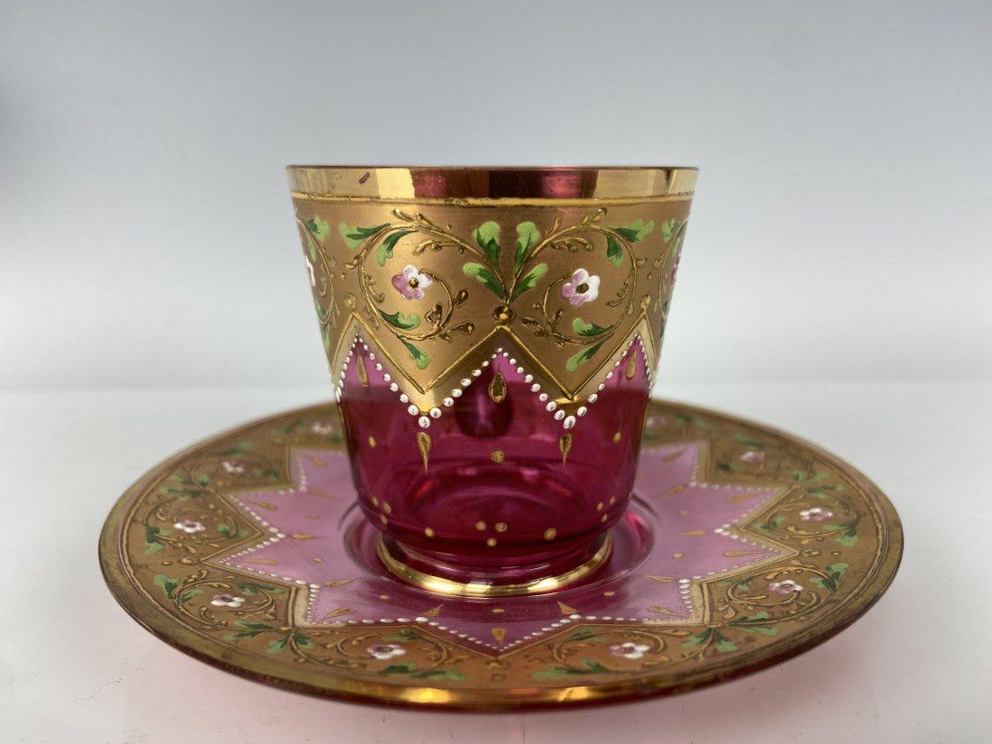 19TH C. ENAMELED MOSER CUP AND SAUCER (1 of 3)