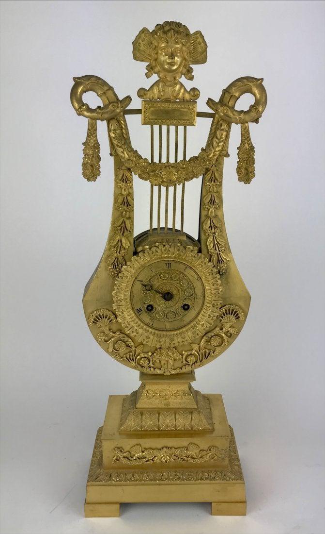 EMPIRE STYLE DORE BRONZE LYRE CLOCK (1 of 5)