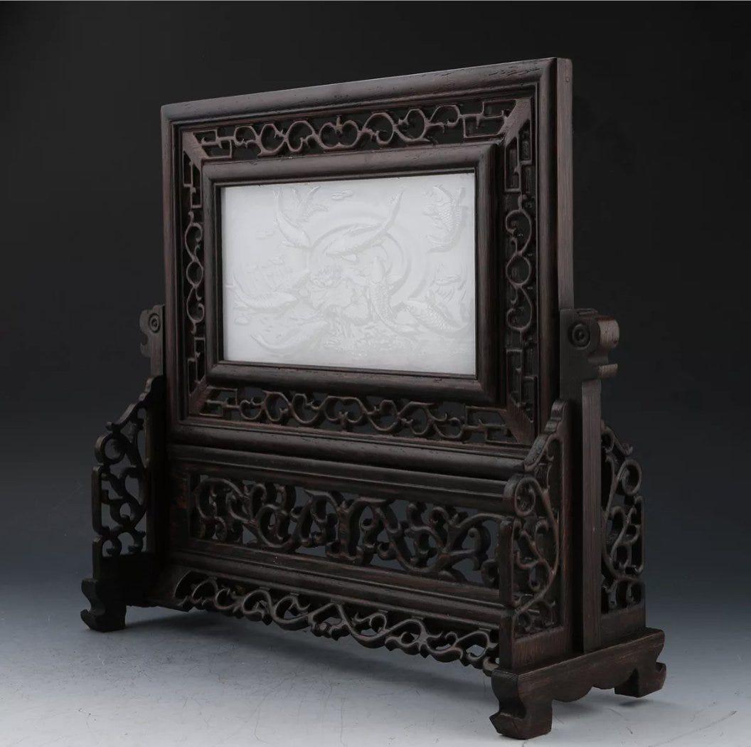 CHINESE CARVED WOOD AND JADE TABLE SCREEN (1 of 4)