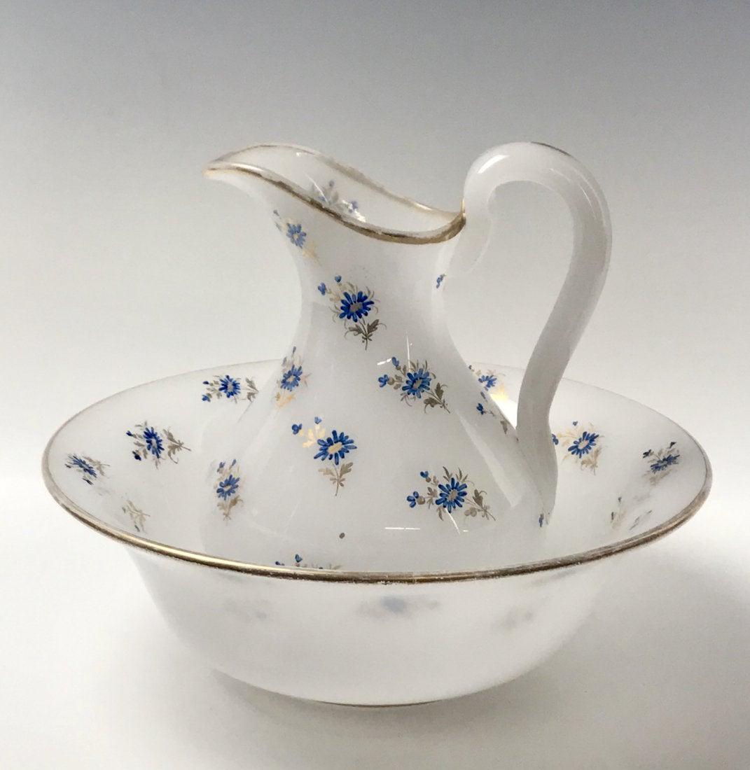 GILT AND ENAMELED BACCARAT OPALINE PITCHER AND BASIN (1 of 3)